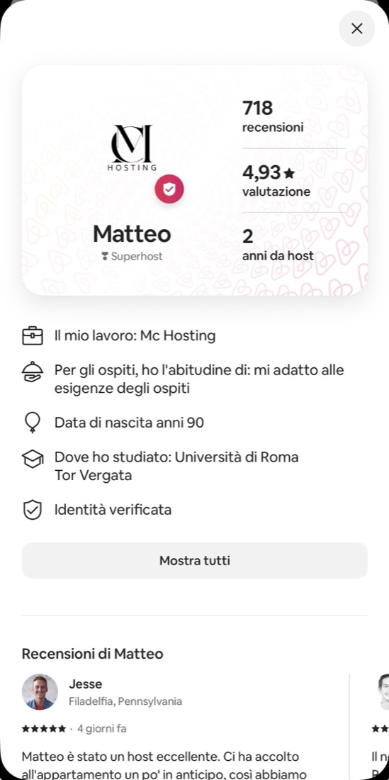 Profilo Airbnb MC Hosting: 718 recensioni, 4,93 di valutazione, Superhost
